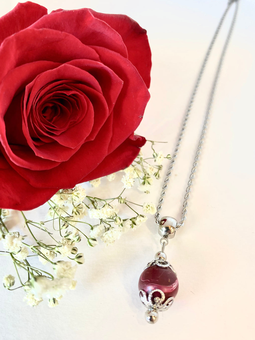 Red Long stem Rose and Babies Breath Bloom Bead