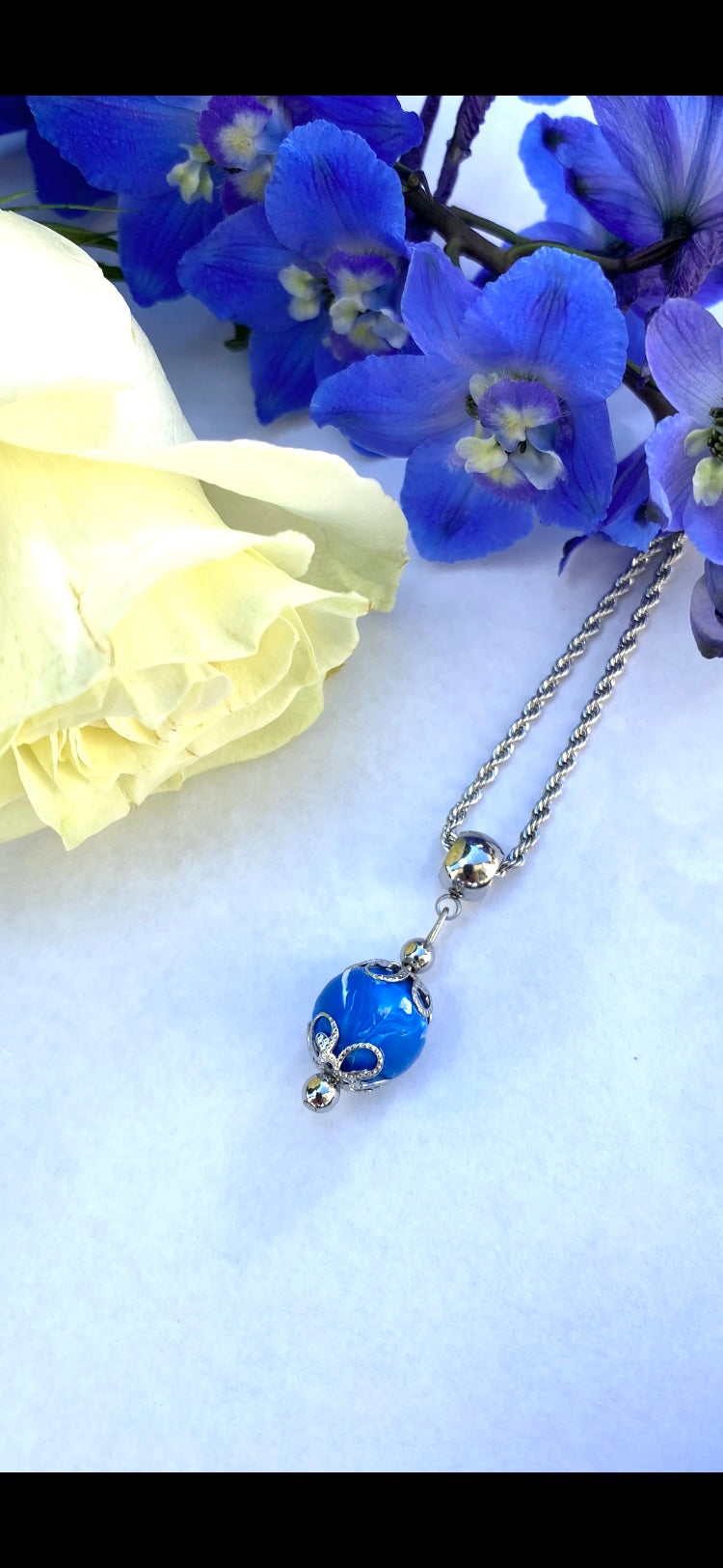 Blue Delphinium and White Rose Bloom Bead Necklace